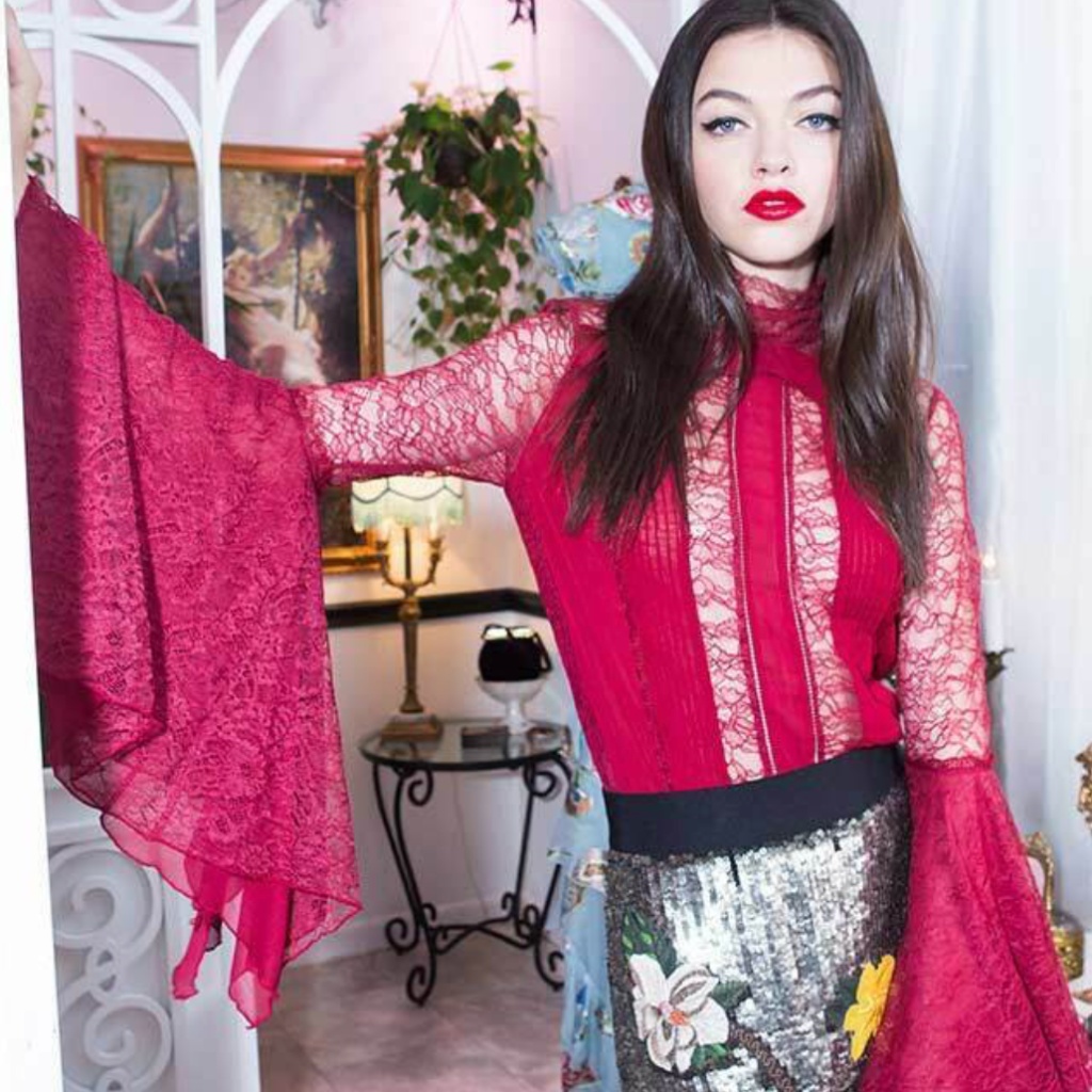 2018 Alice + Olivia Ivy Red Lace Top 0